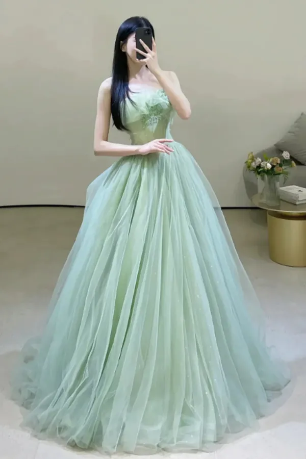 Strapless Green Tulle Long Prom Dresses, Green Tulle Long Formal Evening Dresses APP0856