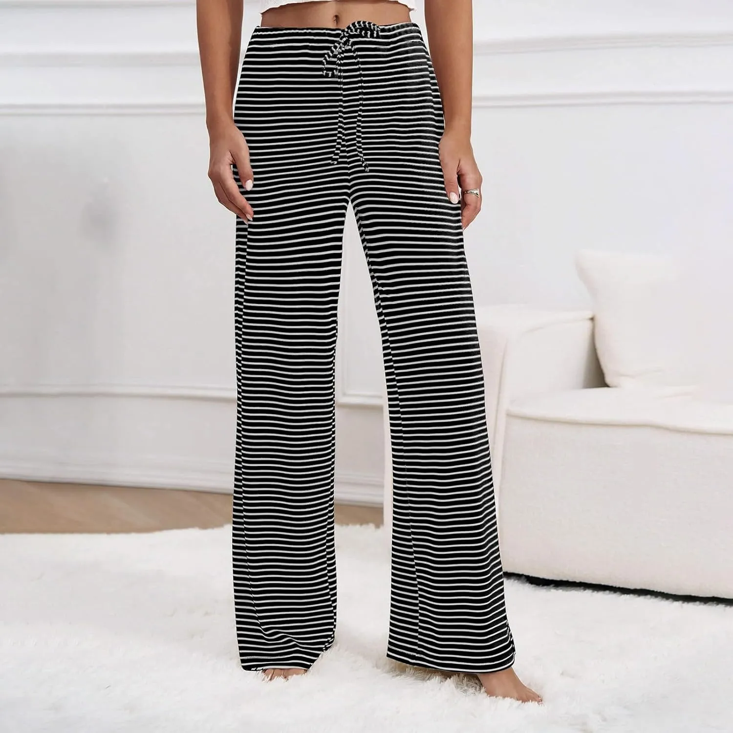 Striped Wide Leg Lounge Pants for Women Elastic Waist Drawstring Loose Soft Pajama Pants Pockets Baggy Sweatpants