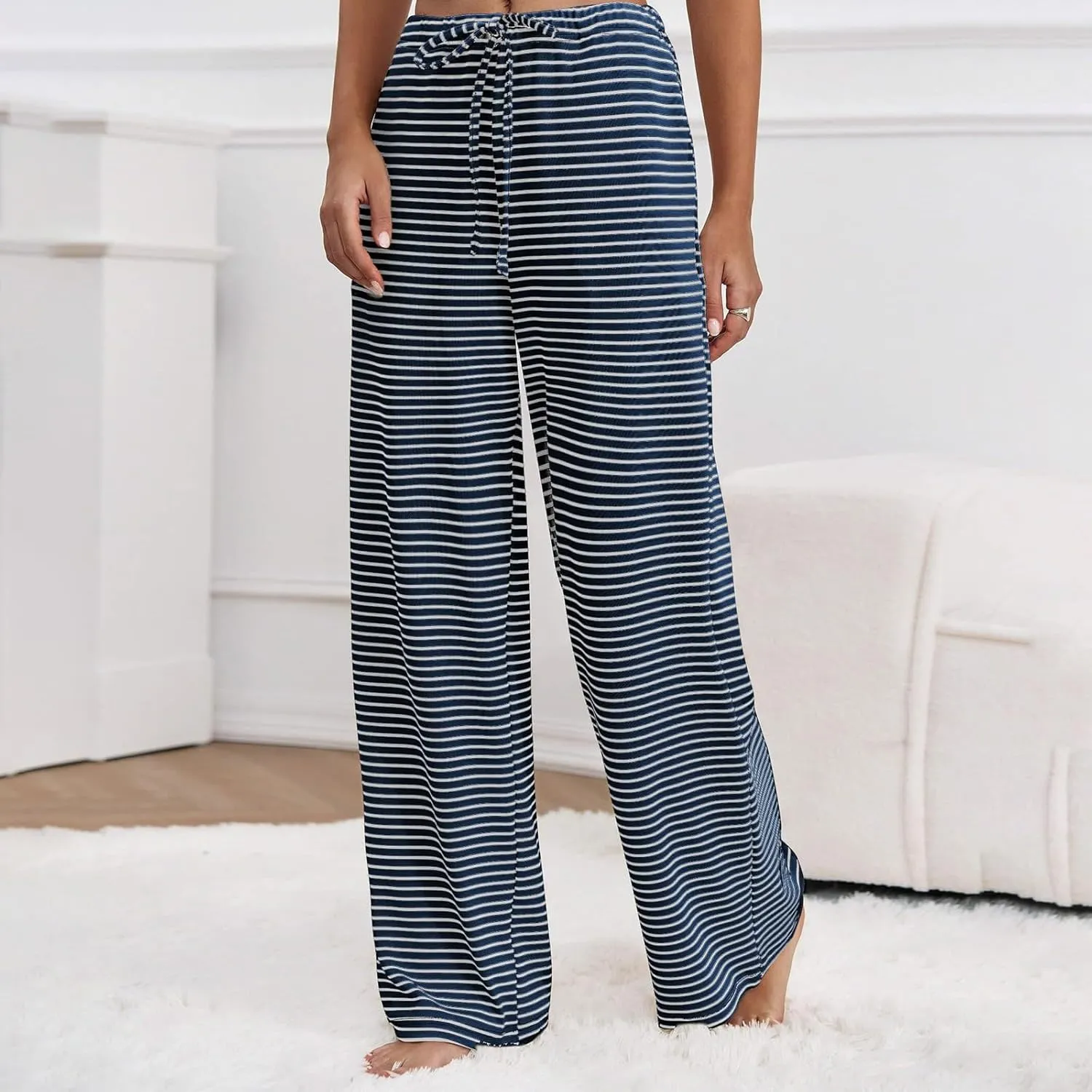 Striped Wide Leg Lounge Pants for Women Elastic Waist Drawstring Loose Soft Pajama Pants Pockets Baggy Sweatpants