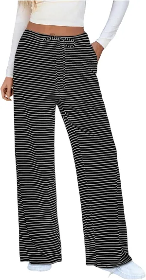 Striped Wide Leg Lounge Pants for Women Elastic Waist Drawstring Loose Soft Pajama Pants Pockets Baggy Sweatpants