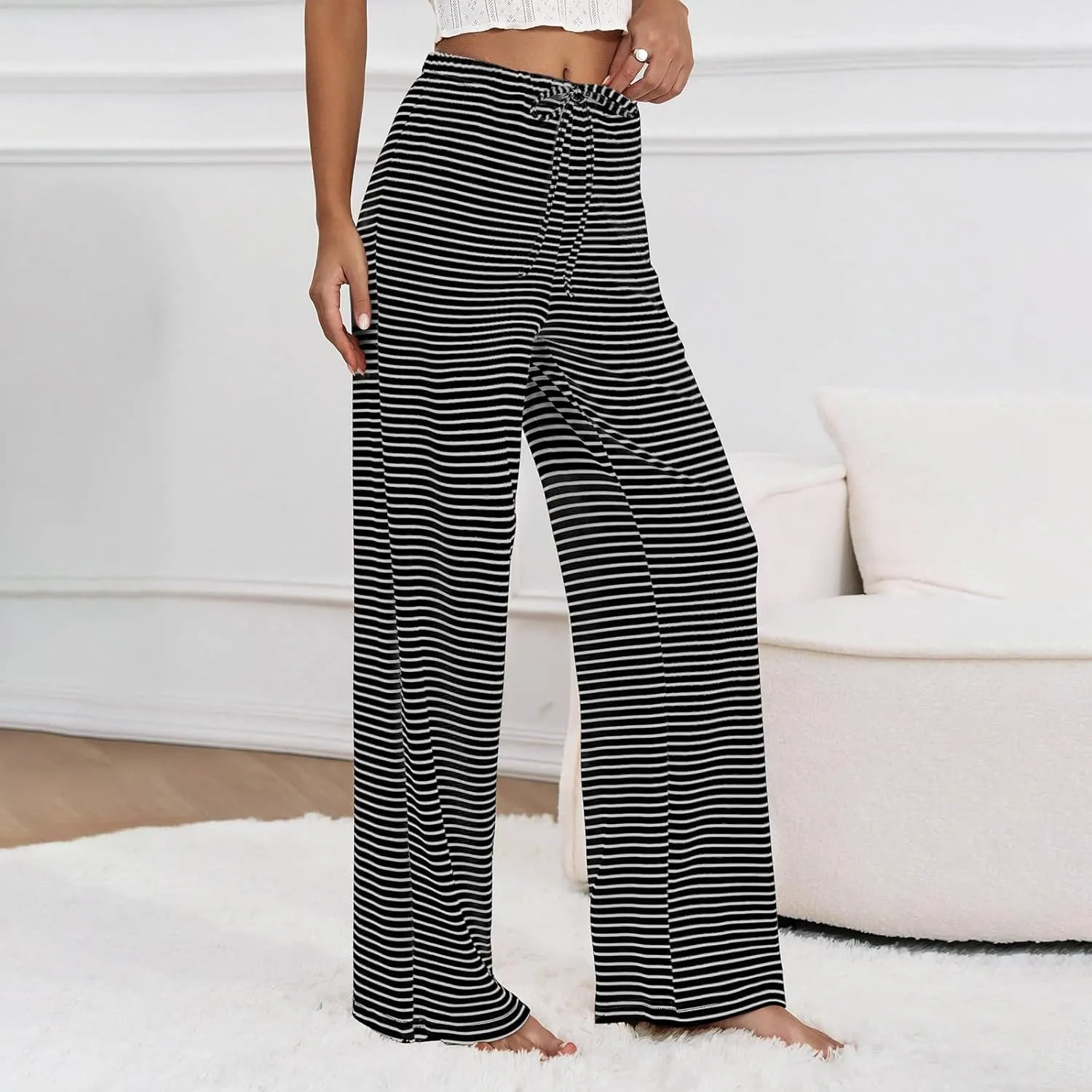 Striped Wide Leg Lounge Pants for Women Elastic Waist Drawstring Loose Soft Pajama Pants Pockets Baggy Sweatpants