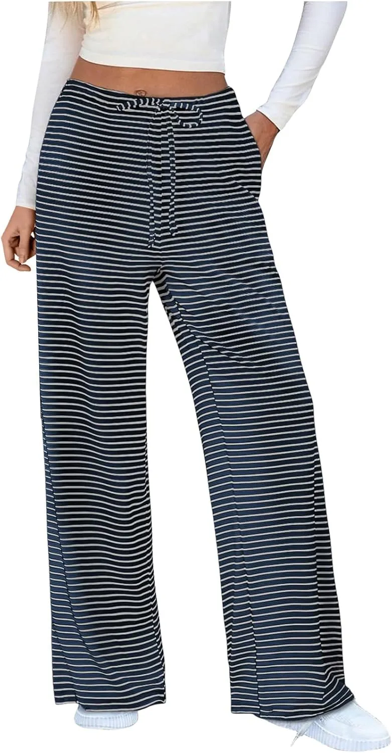 Striped Wide Leg Lounge Pants for Women Elastic Waist Drawstring Loose Soft Pajama Pants Pockets Baggy Sweatpants