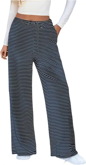 Striped Wide Leg Lounge Pants for Women Elastic Waist Drawstring Loose Soft Pajama Pants Pockets Baggy Sweatpants