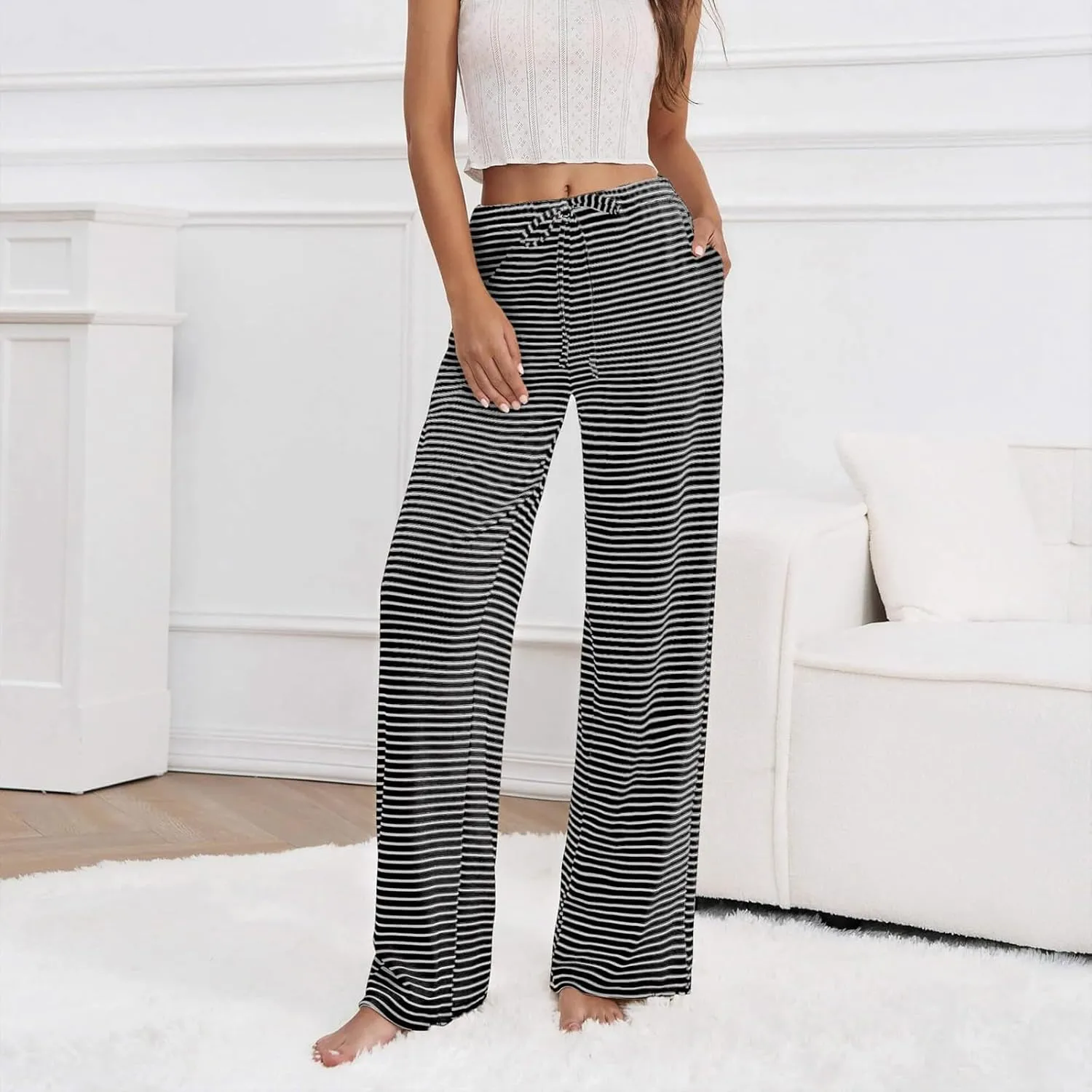 Striped Wide Leg Lounge Pants for Women Elastic Waist Drawstring Loose Soft Pajama Pants Pockets Baggy Sweatpants