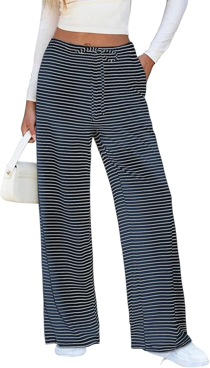 Striped Wide Leg Lounge Pants for Women Elastic Waist Drawstring Loose Soft Pajama Pants Pockets Baggy Sweatpants
