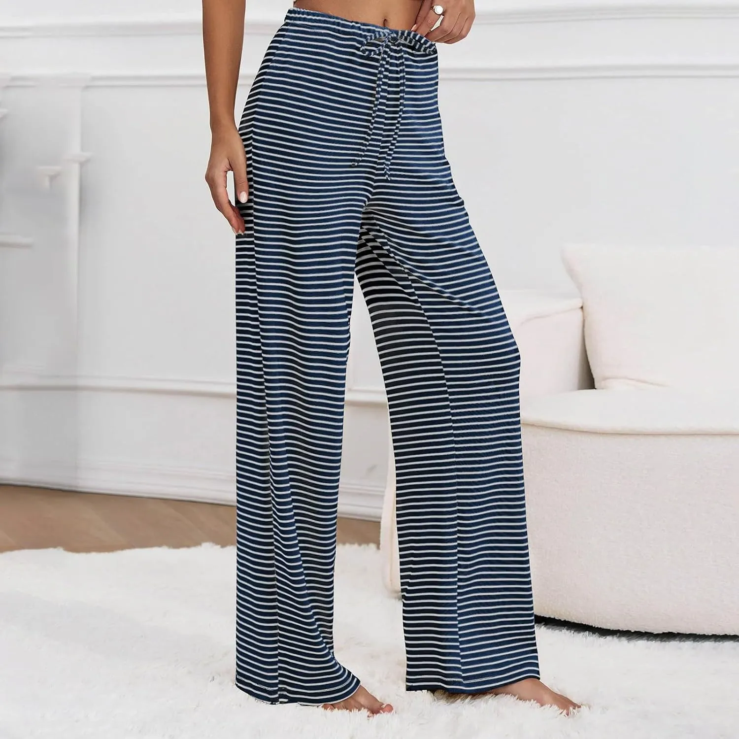 Striped Wide Leg Lounge Pants for Women Elastic Waist Drawstring Loose Soft Pajama Pants Pockets Baggy Sweatpants