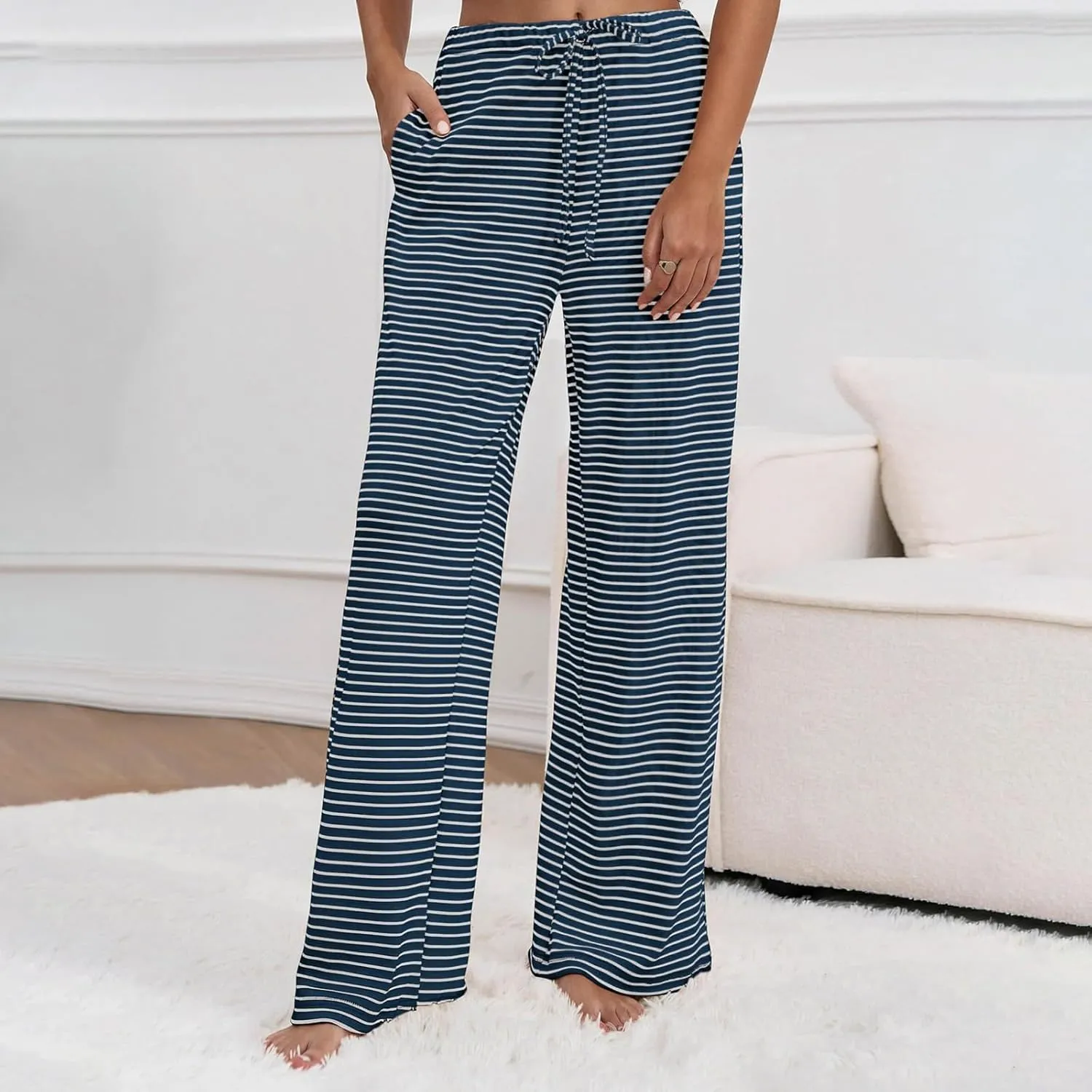 Striped Wide Leg Lounge Pants for Women Elastic Waist Drawstring Loose Soft Pajama Pants Pockets Baggy Sweatpants