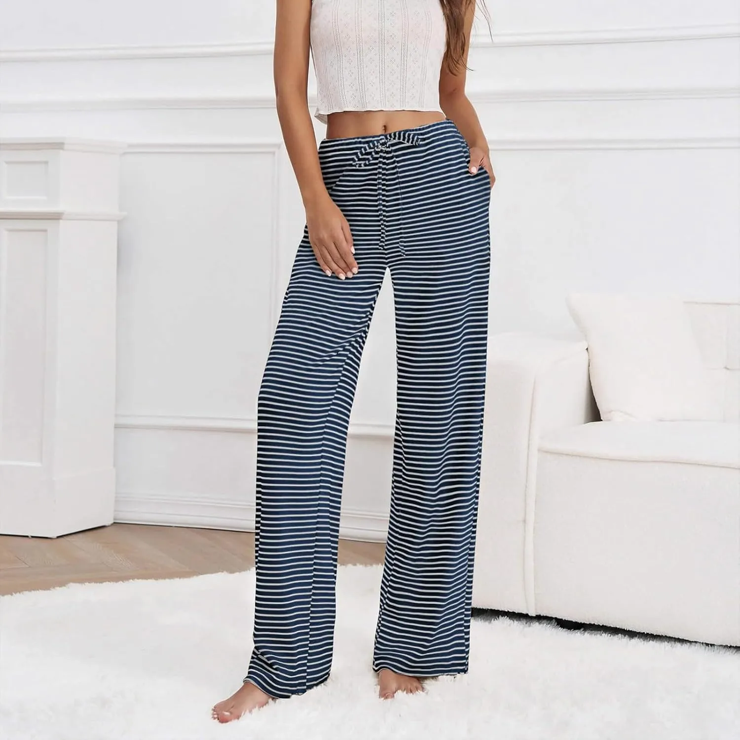 Striped Wide Leg Lounge Pants for Women Elastic Waist Drawstring Loose Soft Pajama Pants Pockets Baggy Sweatpants