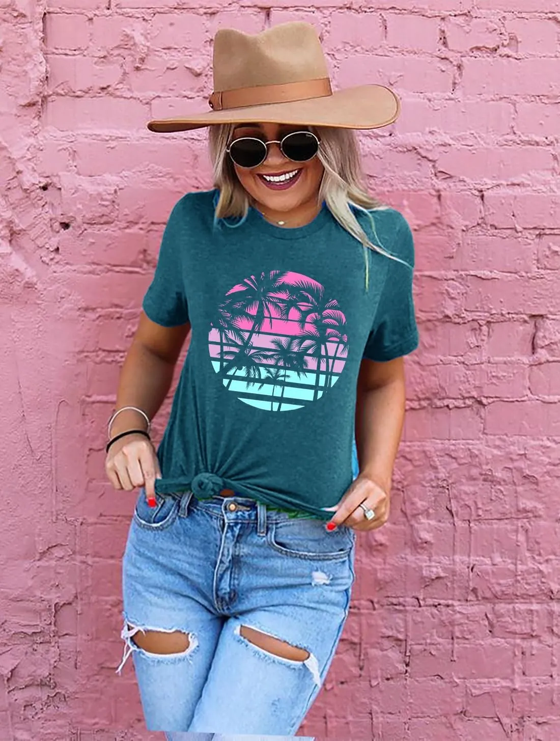 Summer Beach Shirts for Women Palm Tree Graphic Vacation Tops