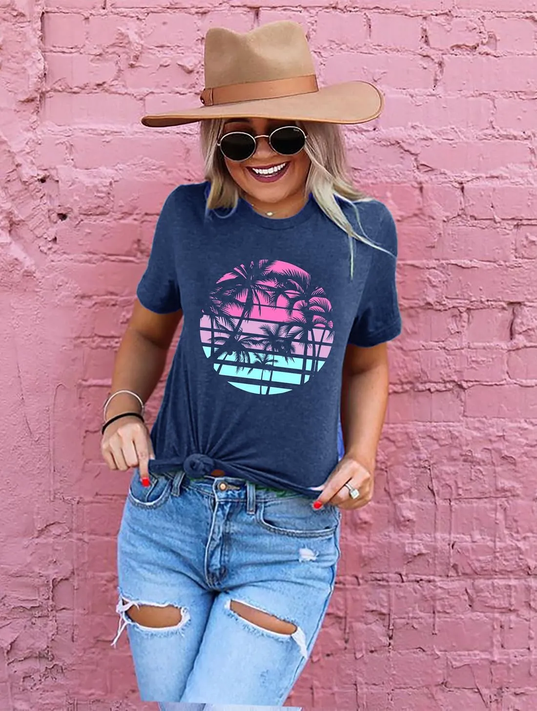 Summer Beach Shirts for Women Palm Tree Graphic Vacation Tops