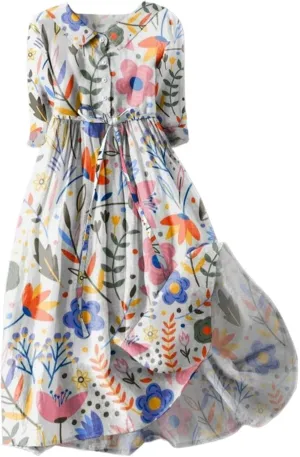 Summer Cotton Linen Dresses for Women 2025 Plus Size 3/4 Sleeve Floral Maxi Dress Elegantes Spring Vacation Dress