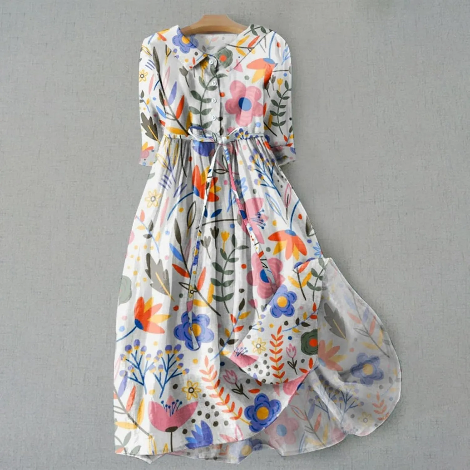 Summer Cotton Linen Dresses for Women 2025 Plus Size 3/4 Sleeve Floral Maxi Dress Elegantes Spring Vacation Dress