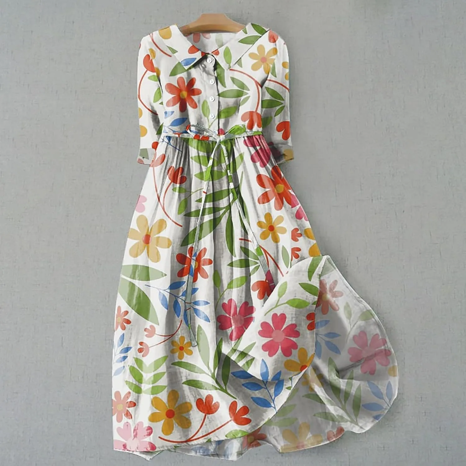 Summer Cotton Linen Dresses for Women 2025 Plus Size 3/4 Sleeve Floral Maxi Dress Elegantes Spring Vacation Dress