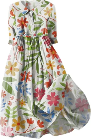 Summer Cotton Linen Dresses for Women 2025 Plus Size 3/4 Sleeve Floral Maxi Dress Elegantes Spring Vacation Dress