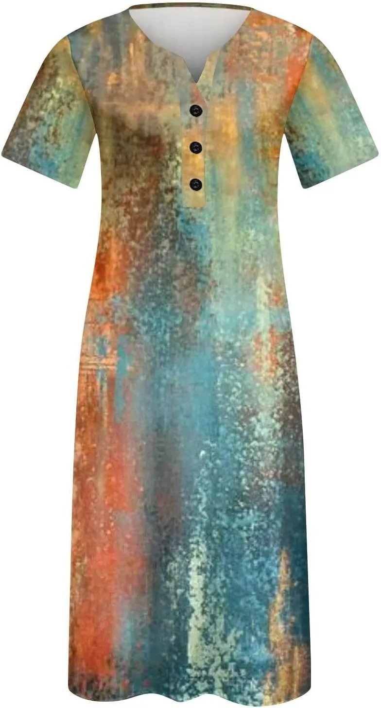Summer Dress Casual Womens Fashion Short Sleeve Floral Print Long Dress with Pocket Boho V Neck Button A Line Dress