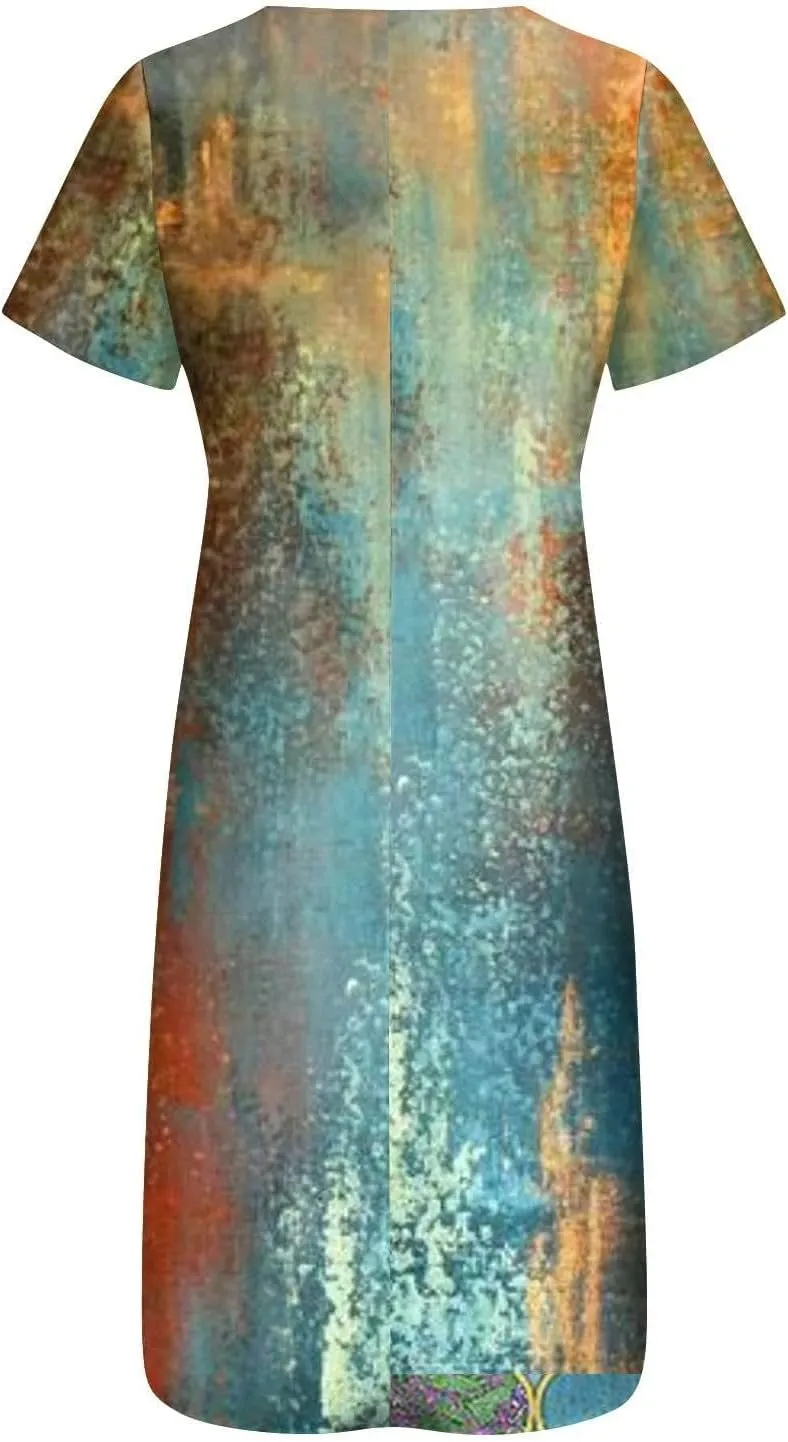 Summer Dress Casual Womens Fashion Short Sleeve Floral Print Long Dress with Pocket Boho V Neck Button A Line Dress