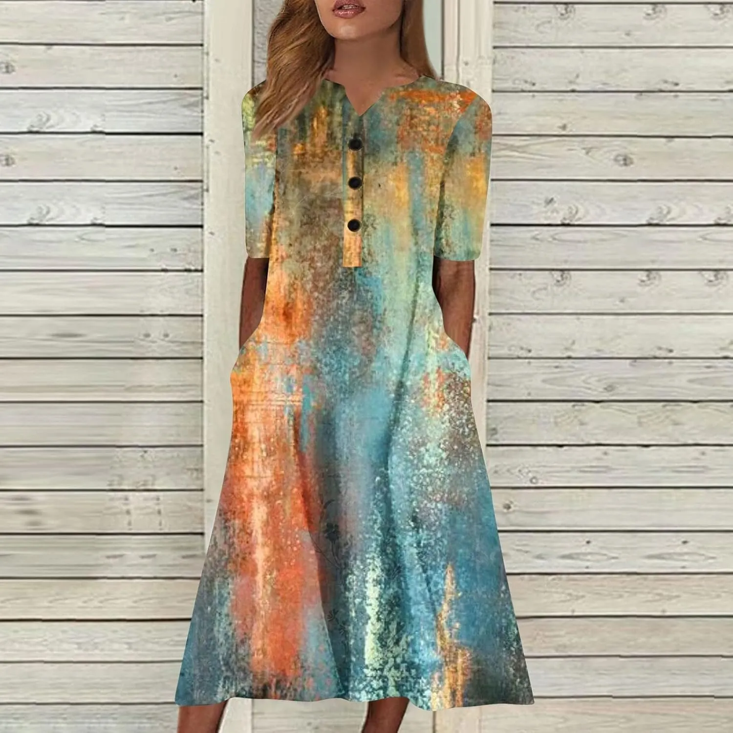 Summer Dress Casual Womens Fashion Short Sleeve Floral Print Long Dress with Pocket Boho V Neck Button A Line Dress