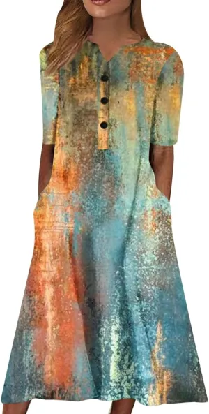 Summer Dress Casual Womens Fashion Short Sleeve Floral Print Long Dress with Pocket Boho V Neck Button A Line Dress