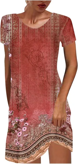 Summer Dresses for Women 2025 Beach Loose Vacation Sun Dress Boho Short Sleeve Dress Casual Floral Print Sundresses