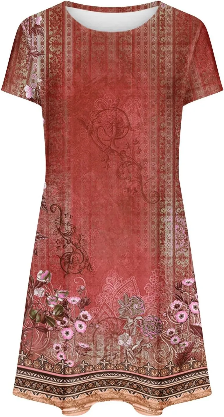 Summer Dresses for Women 2025 Beach Loose Vacation Sun Dress Boho Short Sleeve Dress Casual Floral Print Sundresses