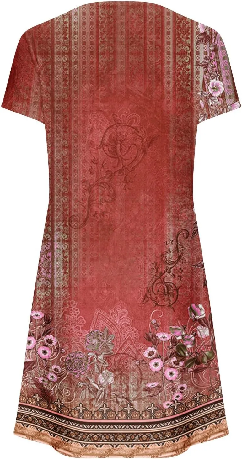 Summer Dresses for Women 2025 Beach Loose Vacation Sun Dress Boho Short Sleeve Dress Casual Floral Print Sundresses