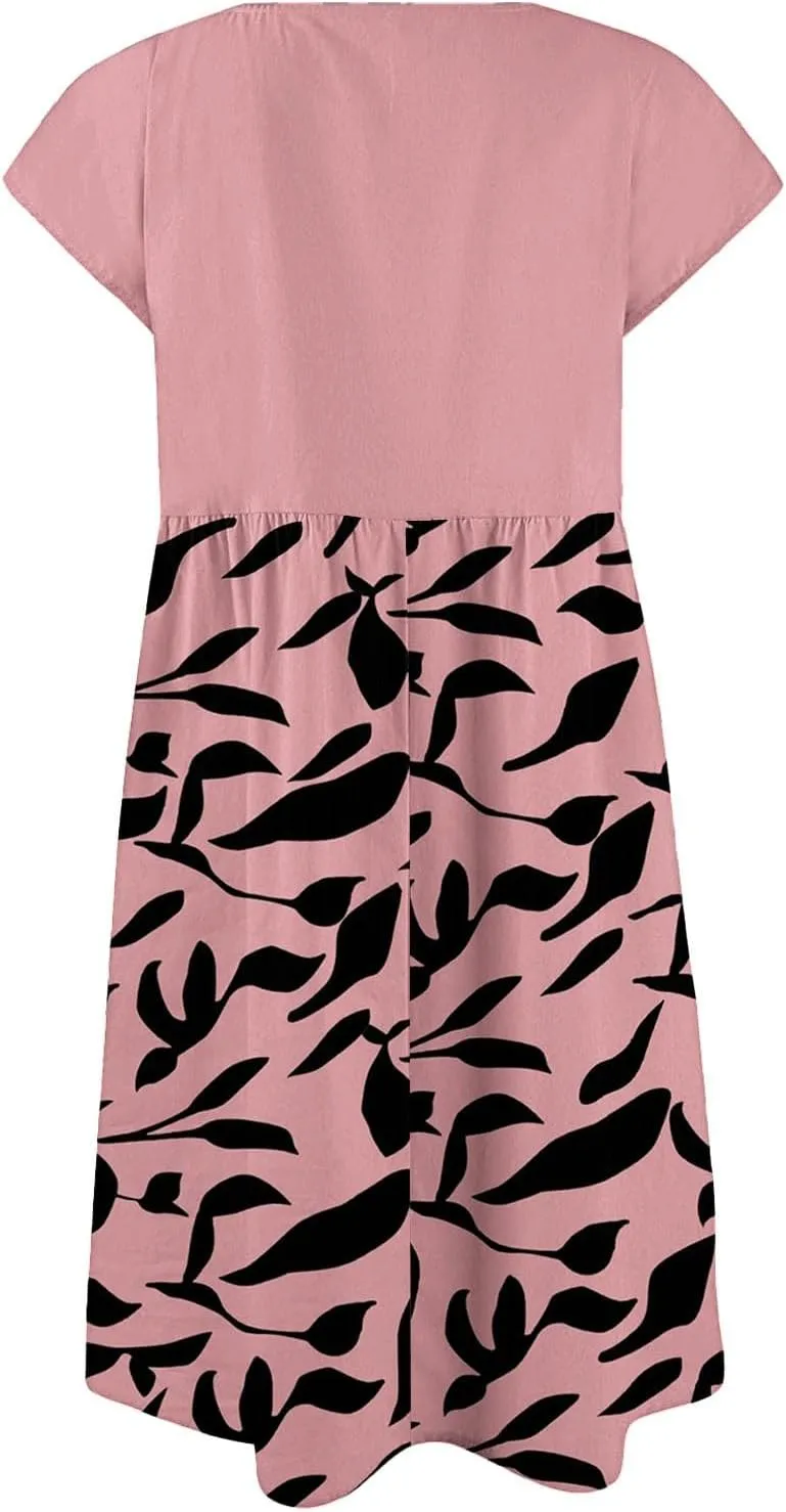Summer Dresses for Women 2025 Floral Print Wrap Short Sleeve Maxi Dress Patchwork Ruffle Hem A Line Dress