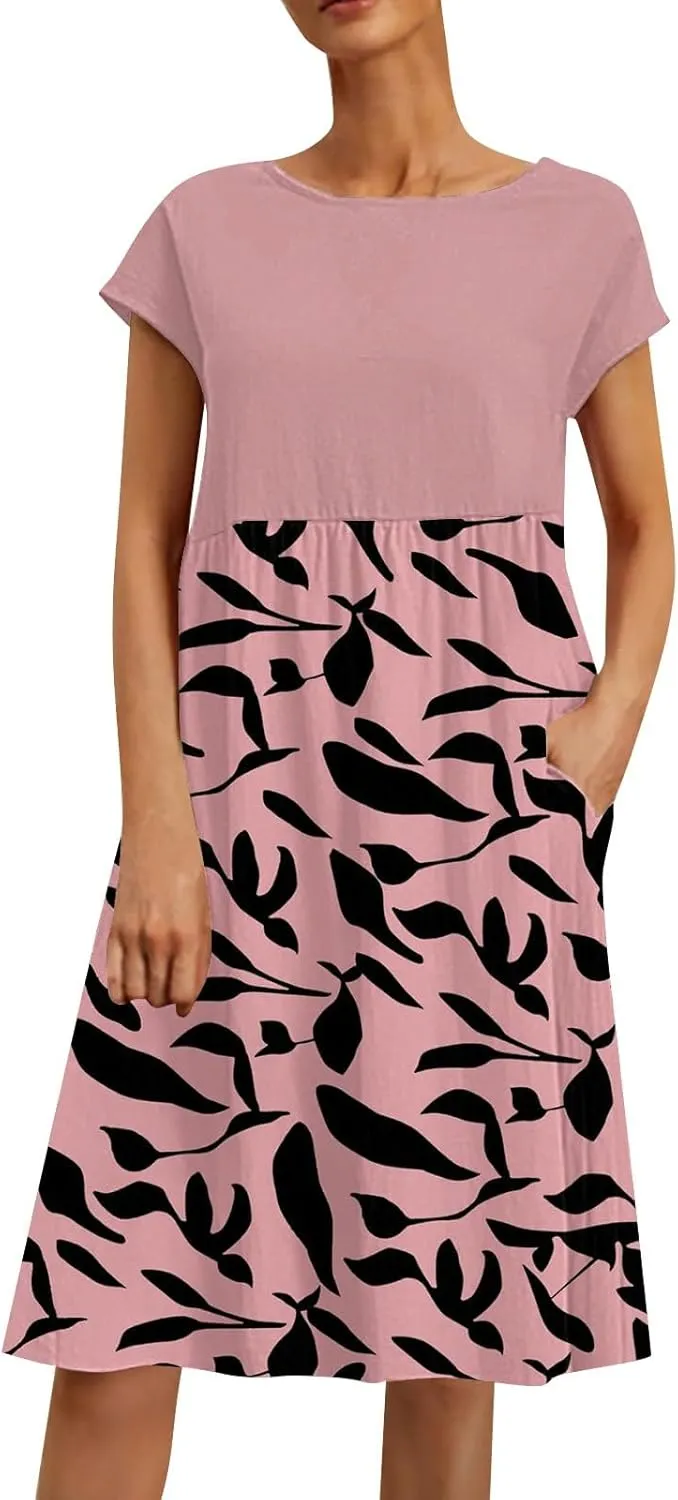 Summer Dresses for Women 2025 Floral Print Wrap Short Sleeve Maxi Dress Patchwork Ruffle Hem A Line Dress