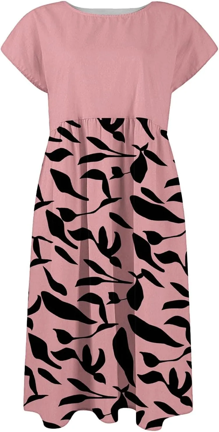 Summer Dresses for Women 2025 Floral Print Wrap Short Sleeve Maxi Dress Patchwork Ruffle Hem A Line Dress
