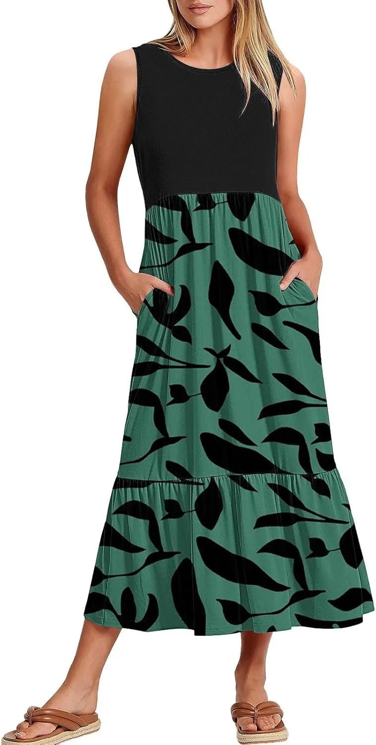 Summer Dresses for Women 2025 Floral Print Wrap Short Sleeve Maxi Dress Patchwork Ruffle Hem A Line Dress