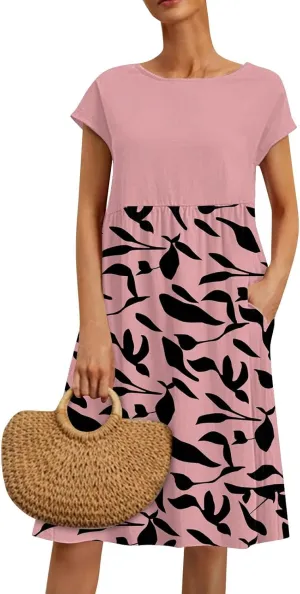 Summer Dresses for Women 2025 Floral Print Wrap Short Sleeve Maxi Dress Patchwork Ruffle Hem A Line Dress