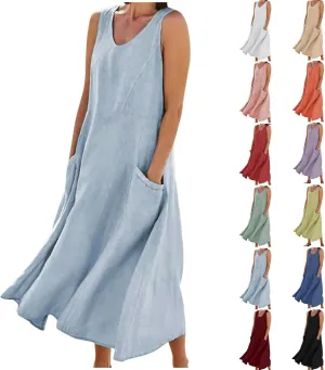 Summer Dresses for Women 2025 Linen Sleeveless Maxi Sundresses with Pockets