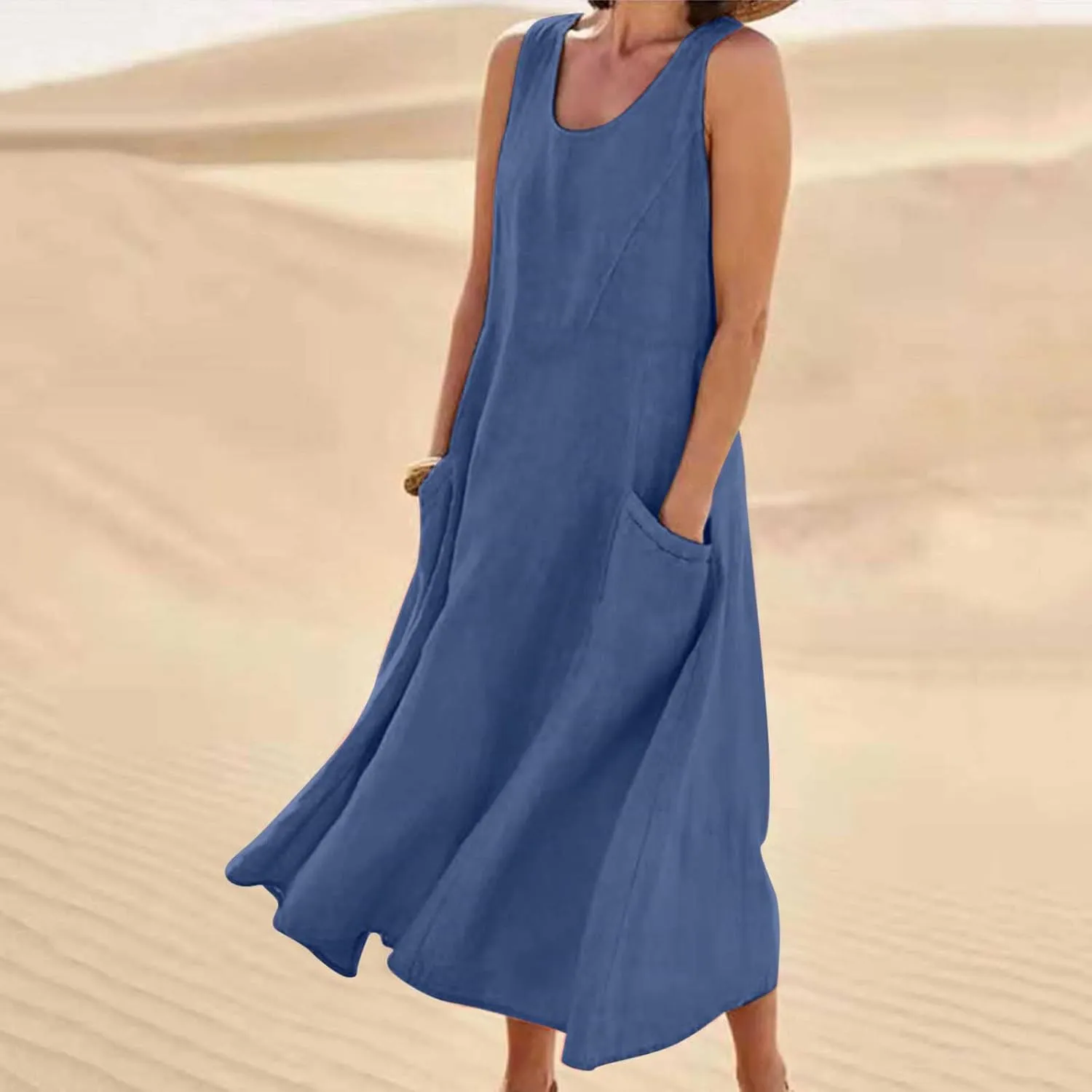 Summer Dresses for Women 2025 Linen Sleeveless Maxi Sundresses with Pockets