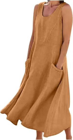 Summer Dresses for Women 2025 Linen Sleeveless Maxi Sundresses with Pockets