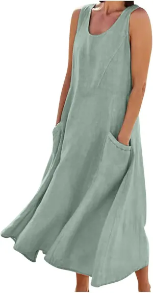 Summer Dresses for Women 2025 Linen Sleeveless Maxi Sundresses with Pockets