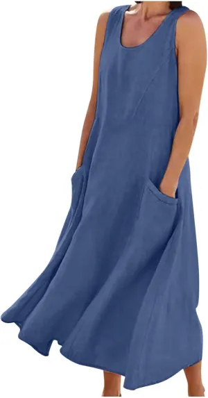 Summer Dresses for Women 2025 Linen Sleeveless Maxi Sundresses with Pockets