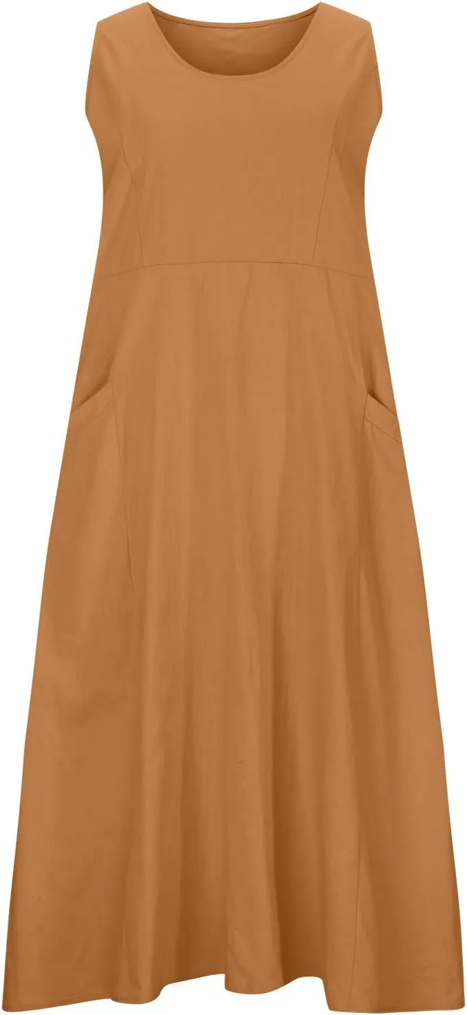 Summer Dresses for Women 2025 Linen Sleeveless Maxi Sundresses with Pockets