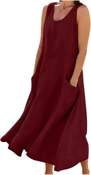 Summer Dresses for Women 2025 Linen Sleeveless Maxi Sundresses with Pockets