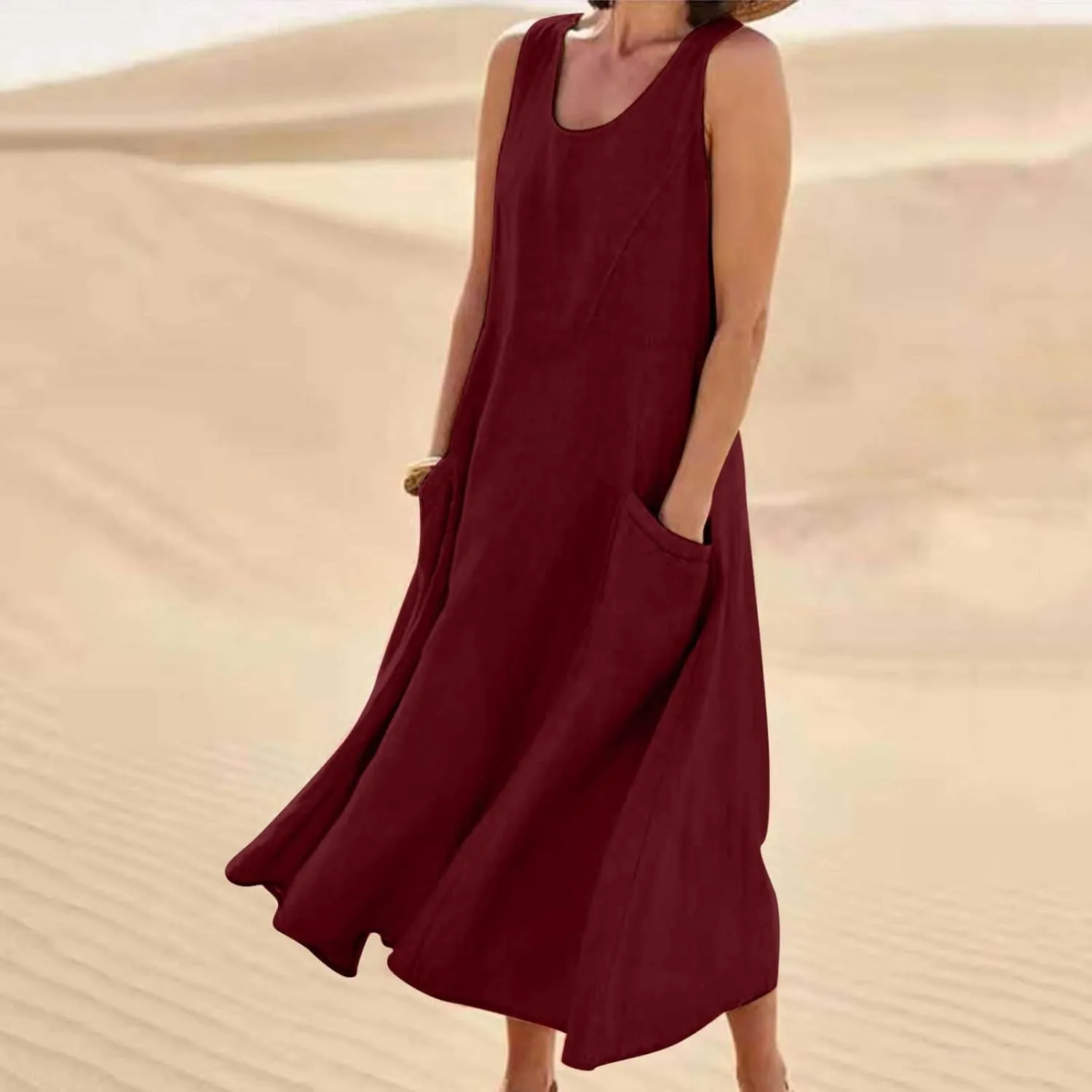 Summer Dresses for Women 2025 Linen Sleeveless Maxi Sundresses with Pockets