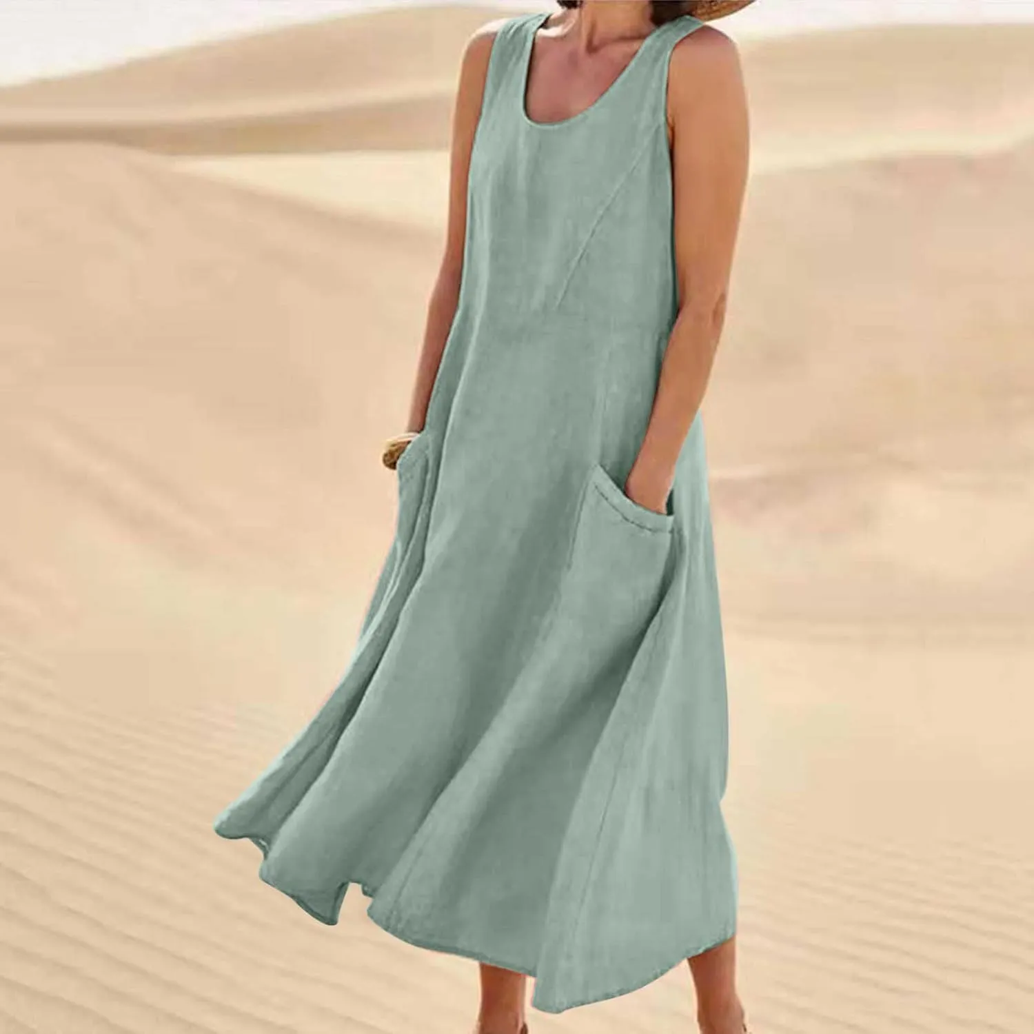 Summer Dresses for Women 2025 Linen Sleeveless Maxi Sundresses with Pockets