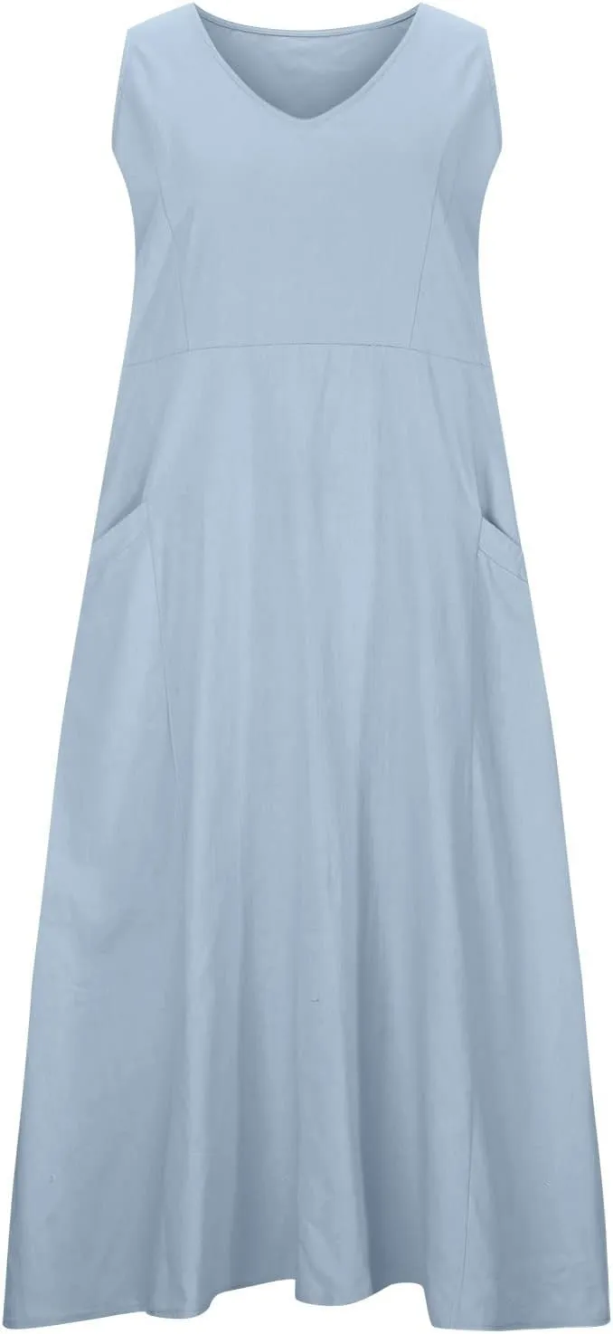 Summer Dresses for Women 2025 Linen Sleeveless Maxi Sundresses with Pockets