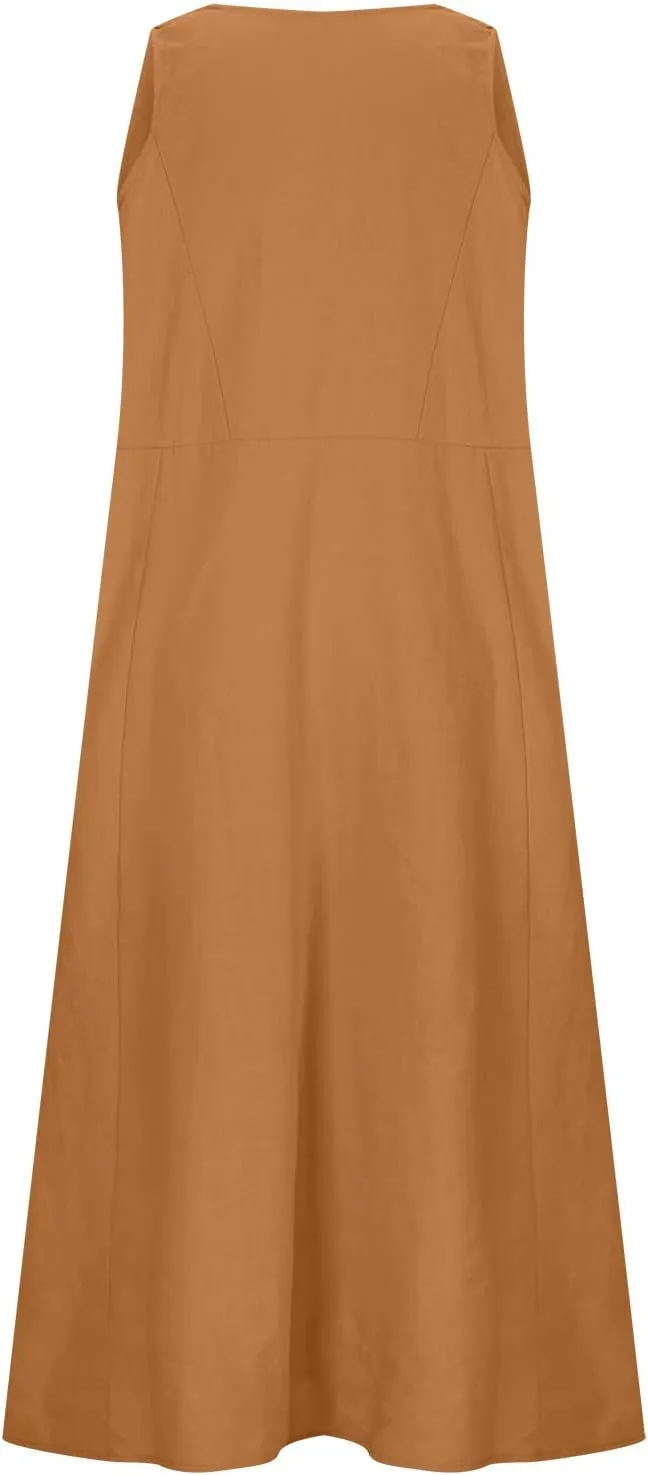 Summer Dresses for Women 2025 Linen Sleeveless Maxi Sundresses with Pockets