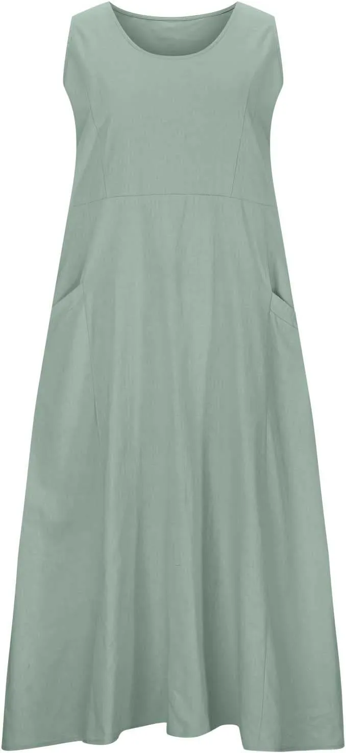 Summer Dresses for Women 2025 Linen Sleeveless Maxi Sundresses with Pockets