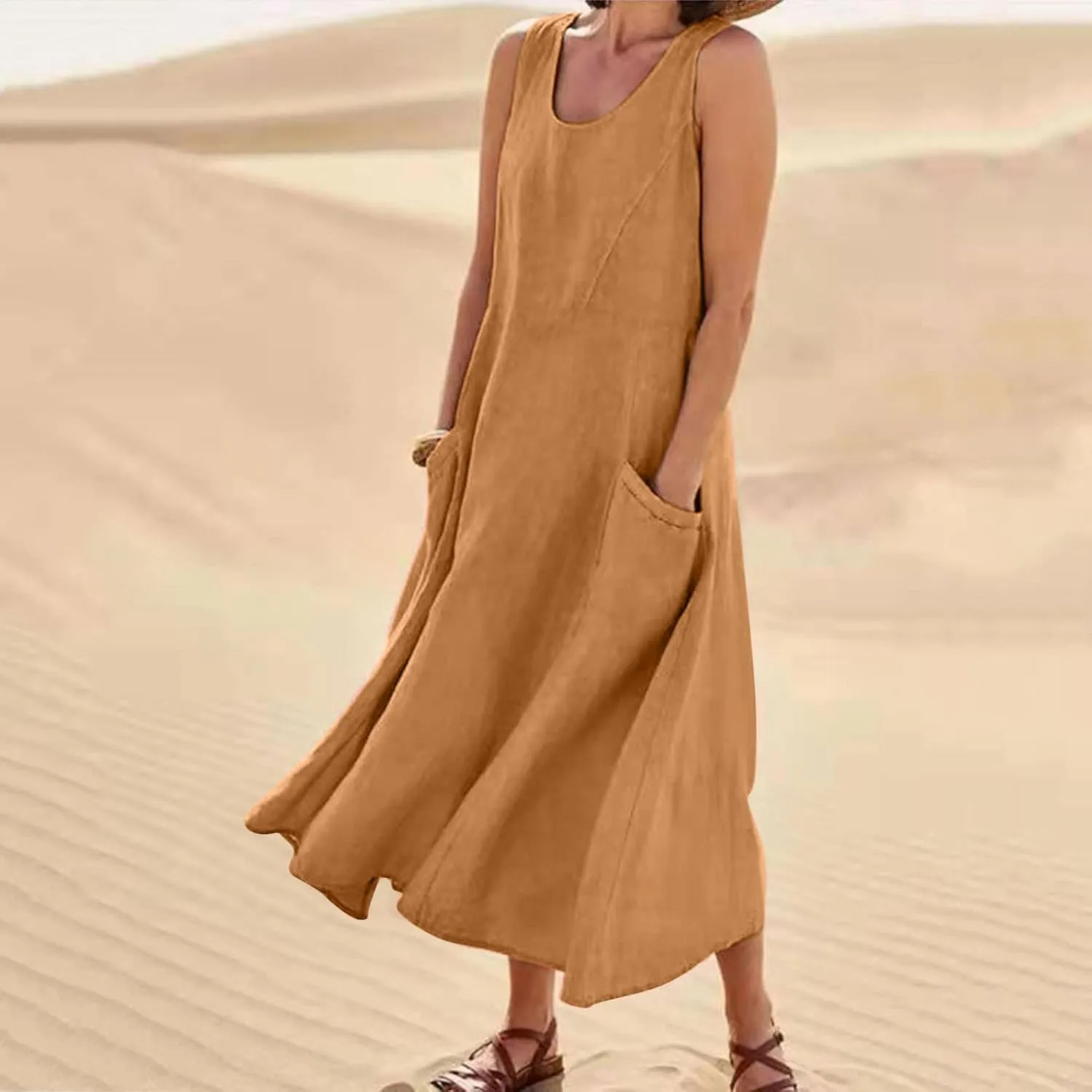 Summer Dresses for Women 2025 Linen Sleeveless Maxi Sundresses with Pockets