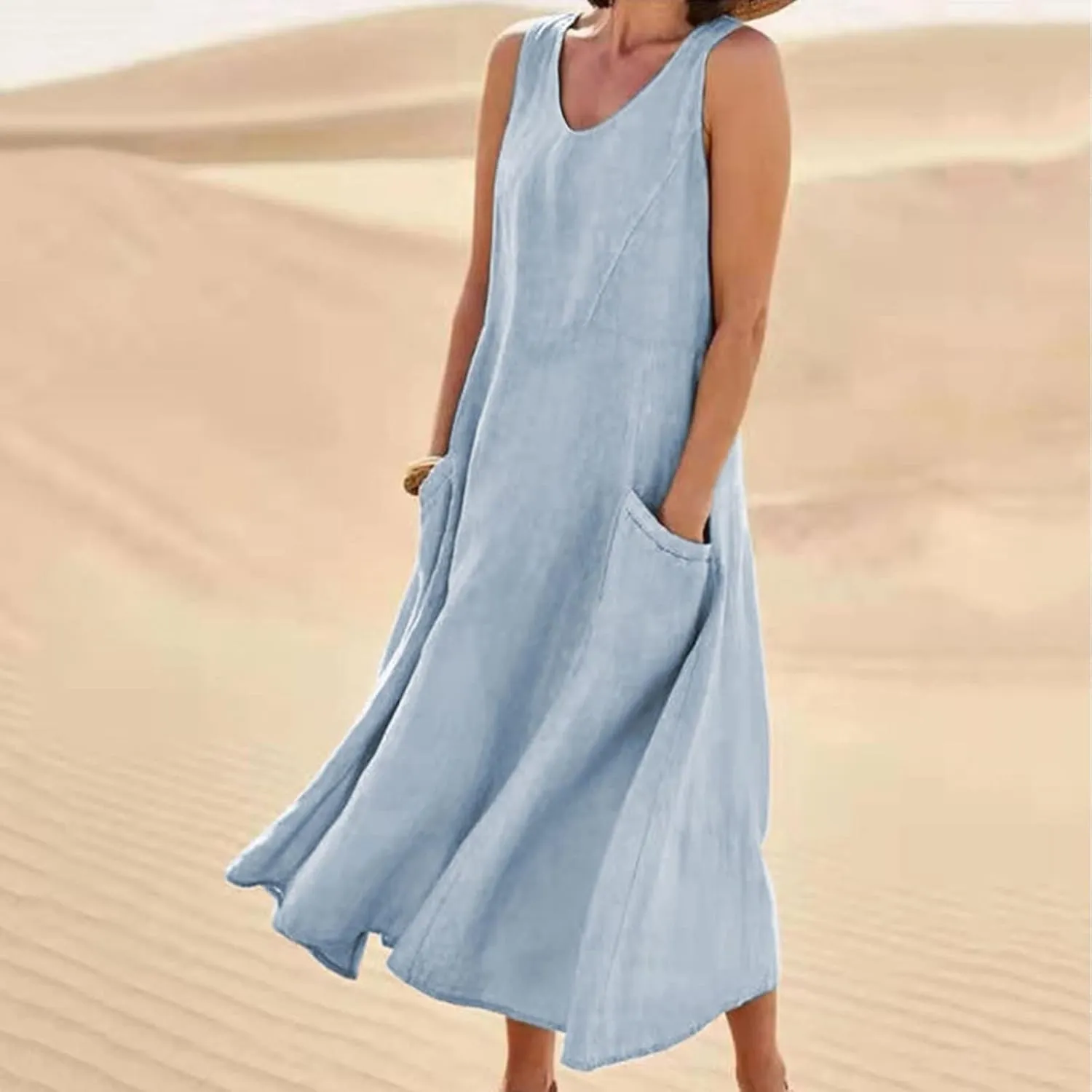 Summer Dresses for Women 2025 Linen Sleeveless Maxi Sundresses with Pockets