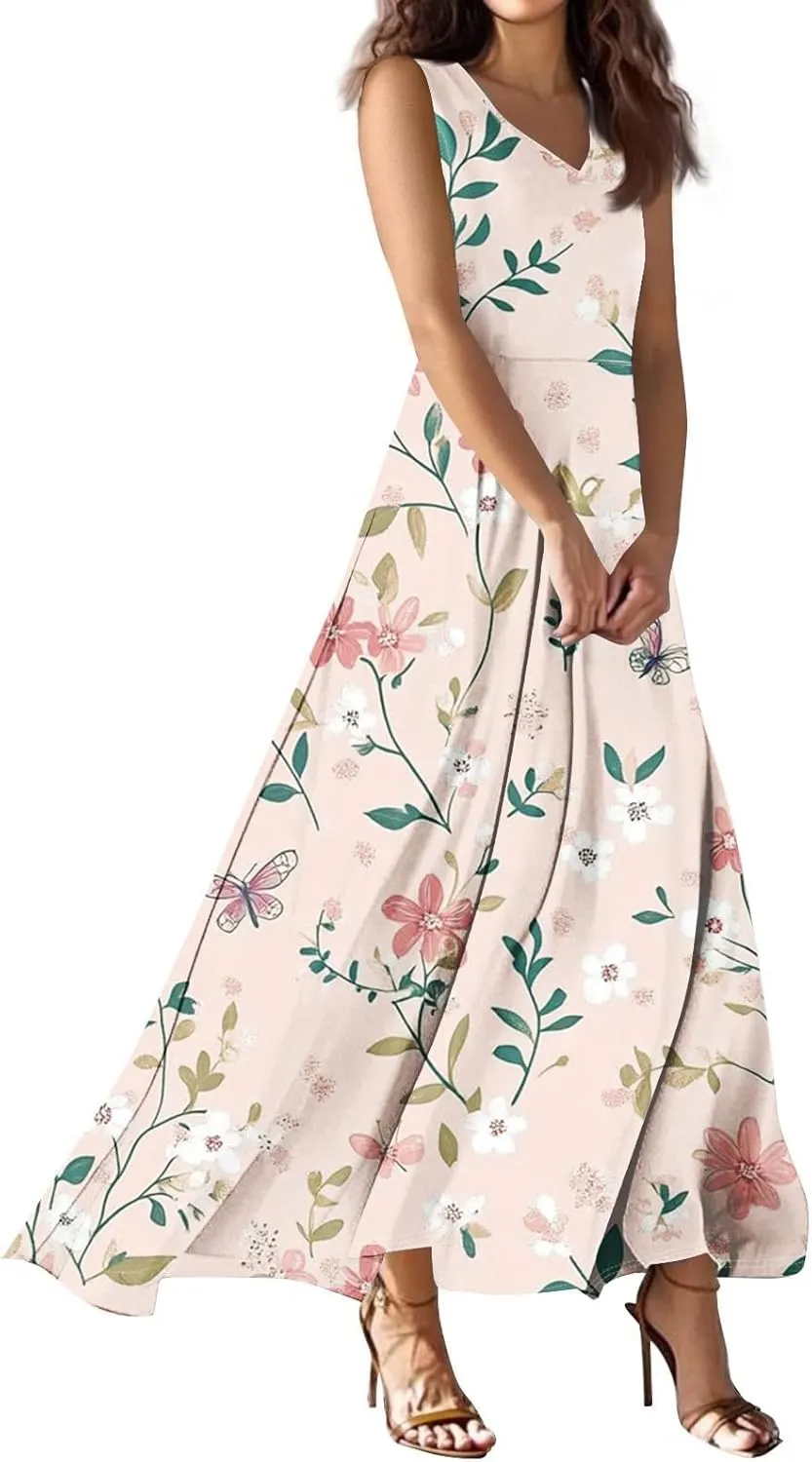 Summer Dresses for Women 2025 Maxi Floral Chiffon Dresses Flowy V Neck Sleeveless Tank Dress Sundresses for Vacation