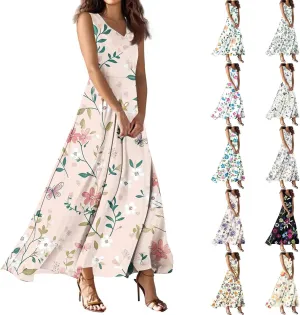Summer Dresses for Women 2025 Maxi Floral Chiffon Dresses Flowy V Neck Sleeveless Tank Dress Sundresses for Vacation