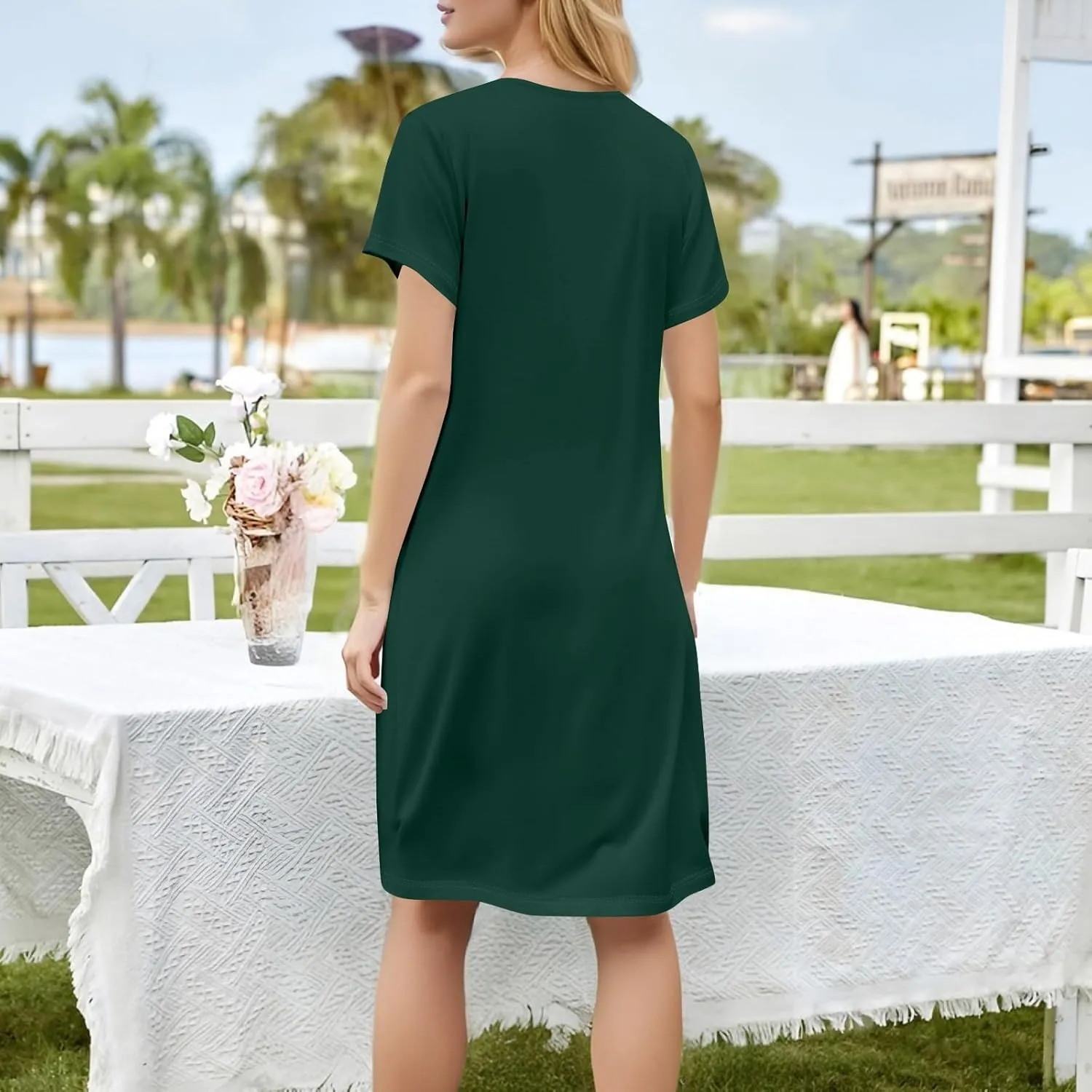 Summer Dresses for Women 2025 Short Sleeve Square Neck Mini T Shirt Dress Cute Beach Vacation Dress with Pockets