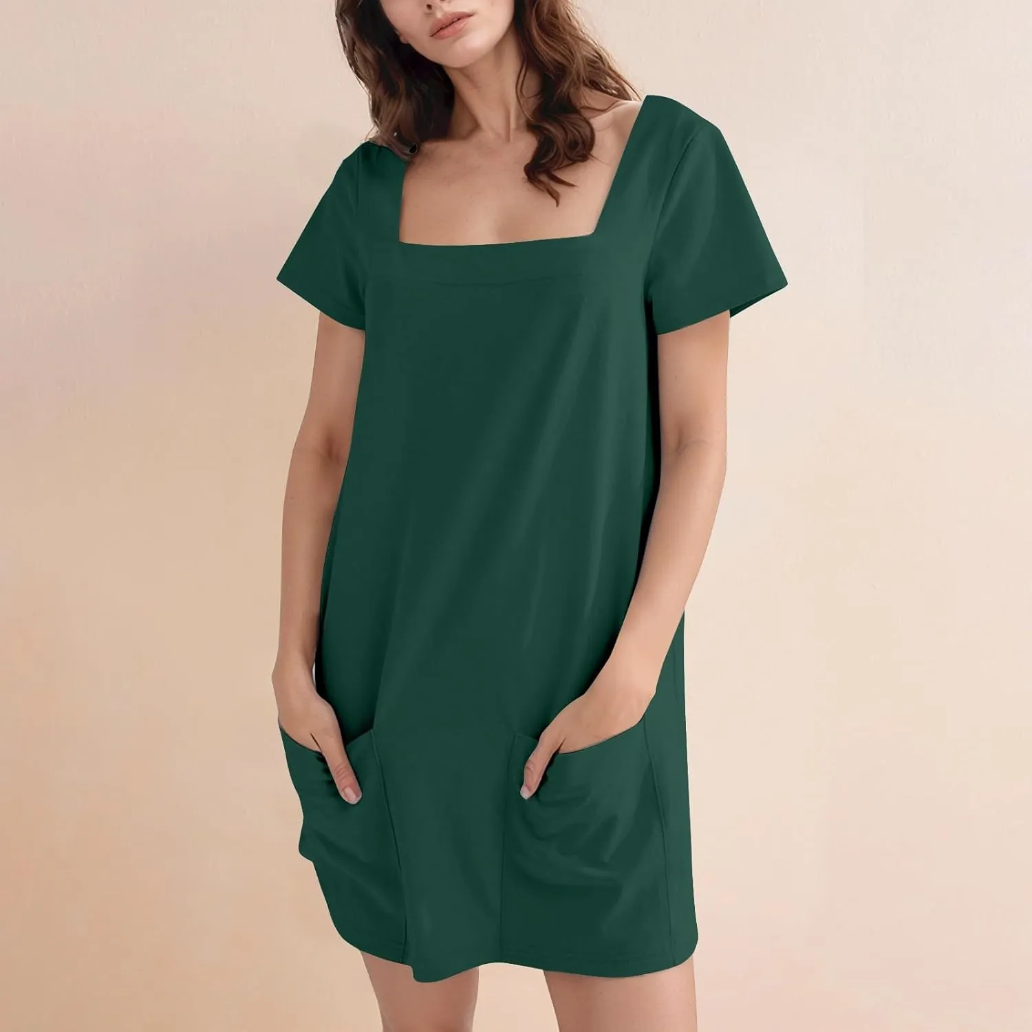 Summer Dresses for Women 2025 Short Sleeve Square Neck Mini T Shirt Dress Cute Beach Vacation Dress with Pockets