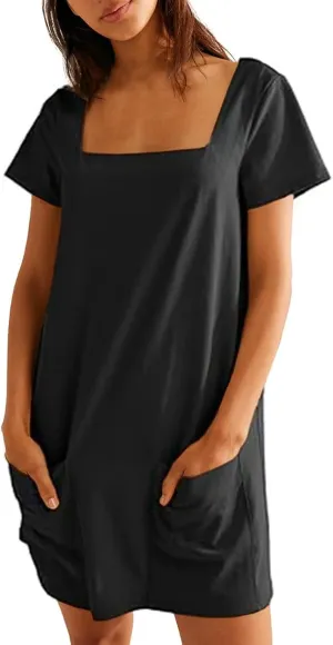 Summer Dresses for Women 2025 Short Sleeve Square Neck Mini T Shirt Dress Cute Beach Vacation Dress with Pockets