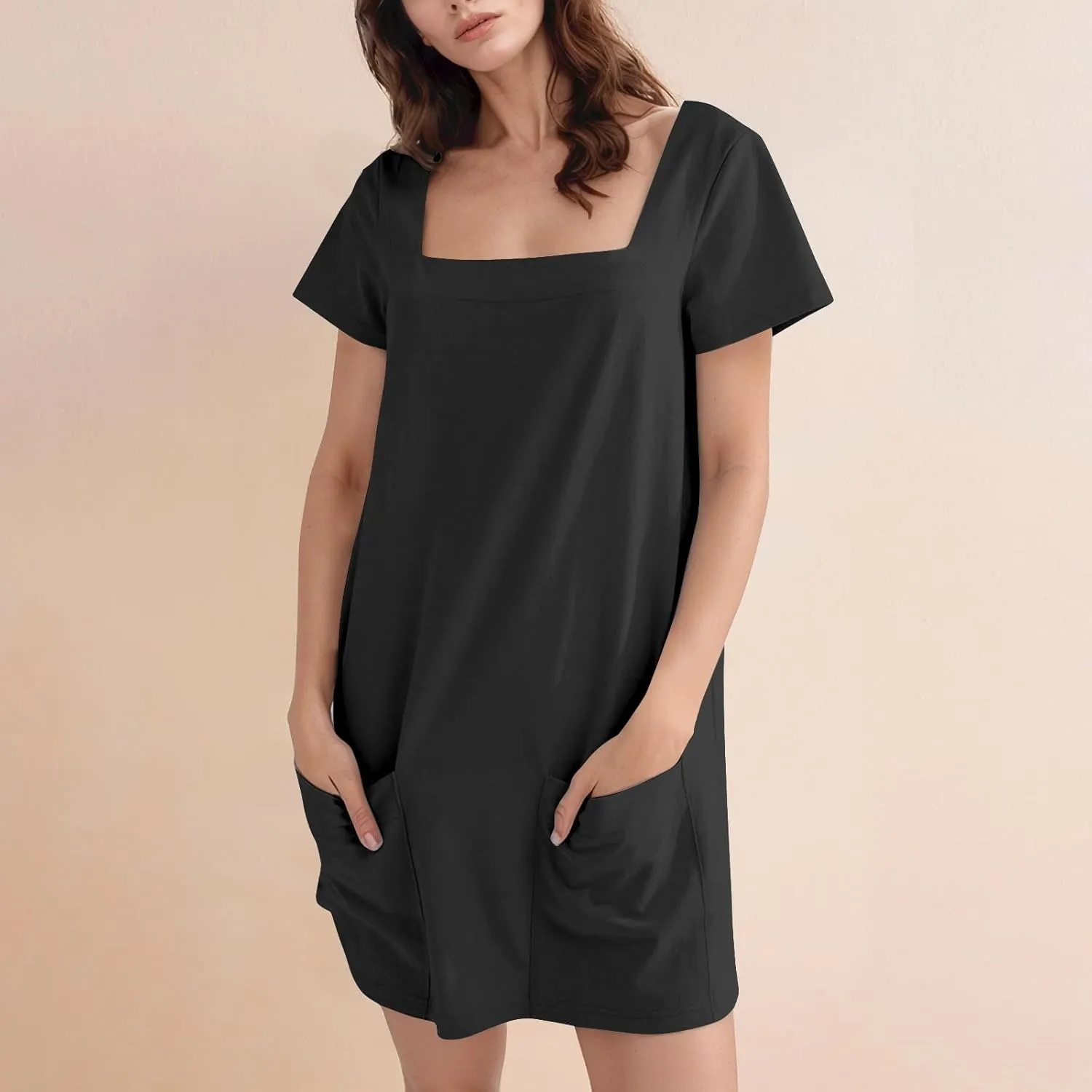 Summer Dresses for Women 2025 Short Sleeve Square Neck Mini T Shirt Dress Cute Beach Vacation Dress with Pockets